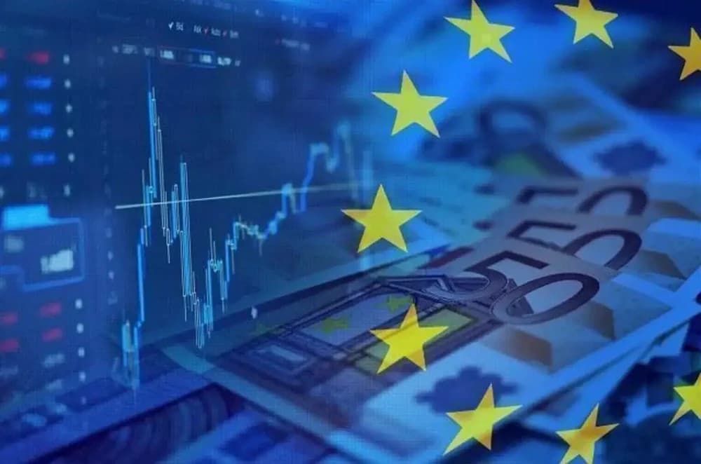 Financial market chart overlaid with the European Union stars and euro banknotes